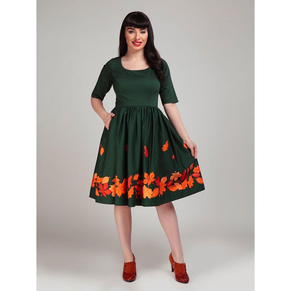 Collectif Green Dress with Orange Autumn Leaves